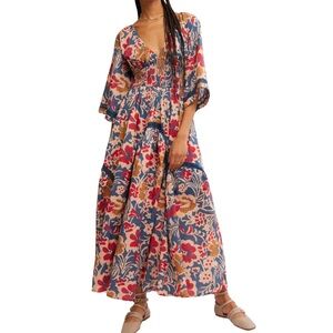 Free People Floral Long Sleeve Dress - Red and Navy